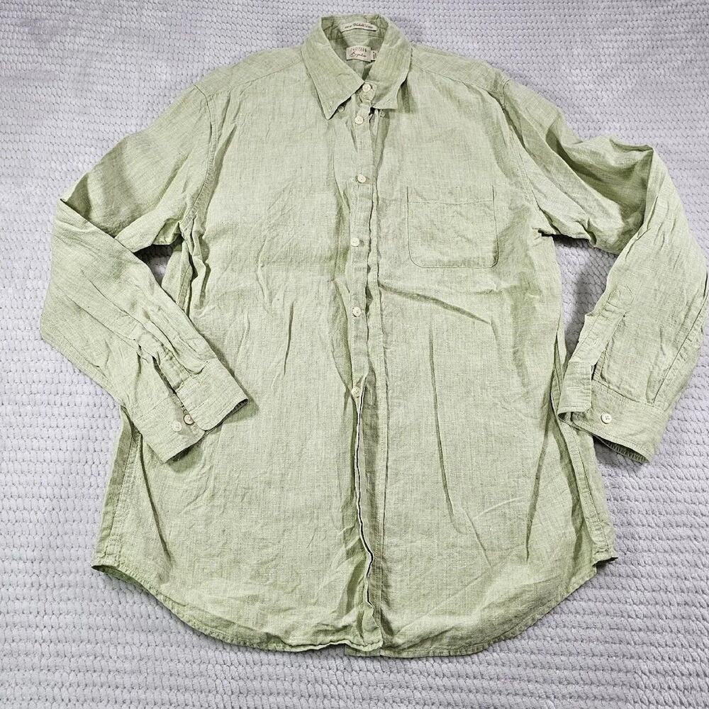 Parisian Signature Shirt Mens Large 100% Washable Linen Button Up Green